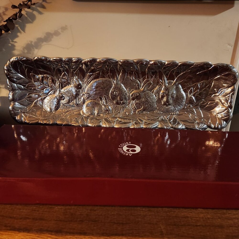 Arthur Court 1990 Bunny Oblong Rabbit Tray 10" X 5" Aluminum Serving Dish With O